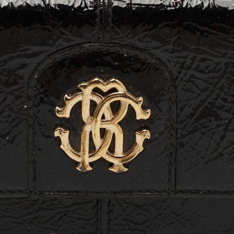 Pre Owned Roberto Cavalli Black Patent Leather Flap Wallet On Chain 