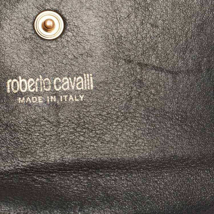 Pre Owned Roberto Cavalli Black Patent Leather Flap Wallet On Chain 