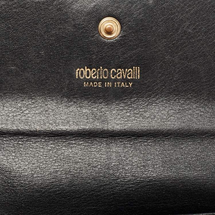Pre Owned Roberto Cavalli Black Patent Leather Flap Wallet On Chain 