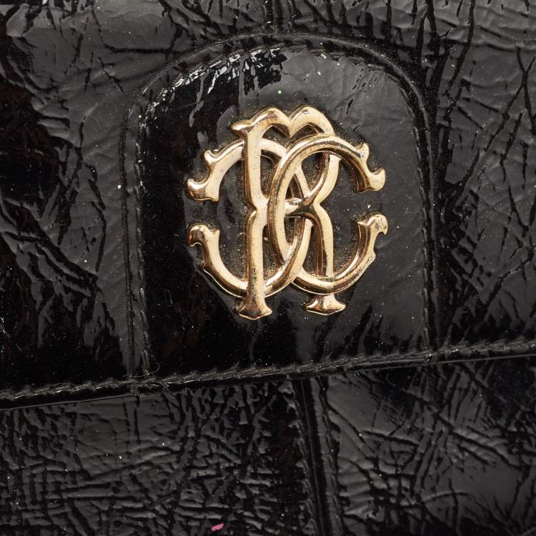 Pre Owned Roberto Cavalli Black Patent Leather Flap Wallet On Chain 