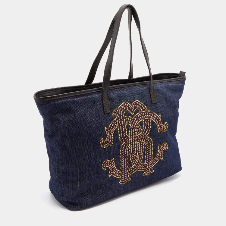 Pre Owned Roberto Cavalli Navy Blue Denim and Leather Studded Logo Shopper Tote