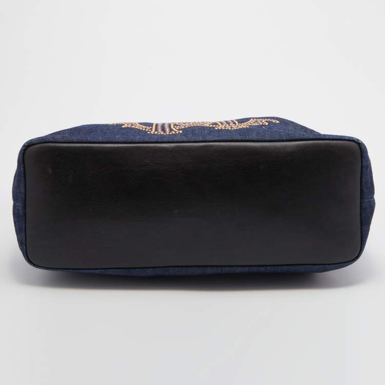 Pre Owned Roberto Cavalli Navy Blue Denim and Leather Studded Logo Shopper Tote