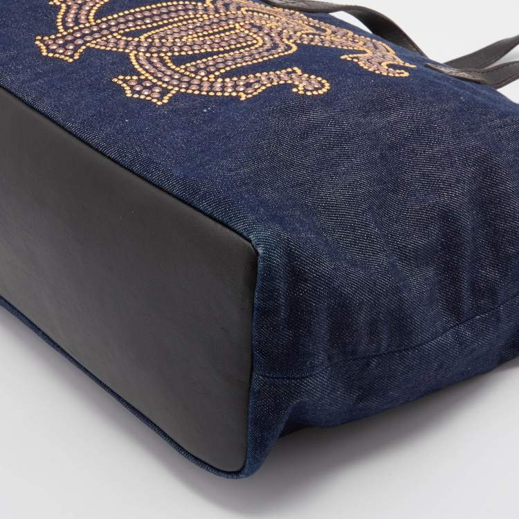 Pre Owned Roberto Cavalli Navy Blue Denim and Leather Studded Logo Shopper Tote