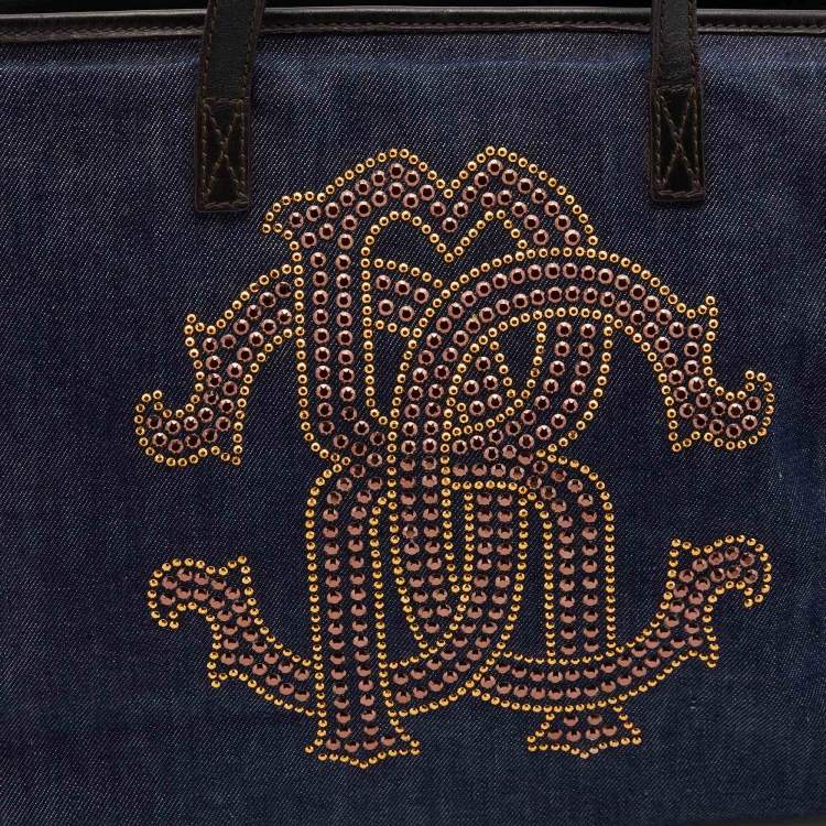 Pre Owned Roberto Cavalli Navy Blue Denim and Leather Studded Logo Shopper Tote