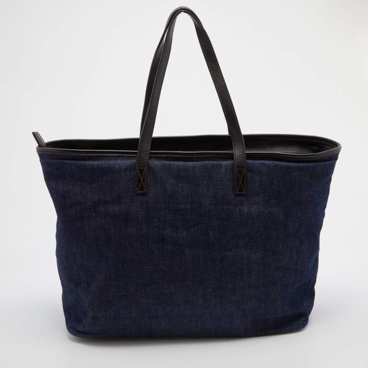 Pre Owned Roberto Cavalli Navy Blue Denim and Leather Studded Logo Shopper Tote