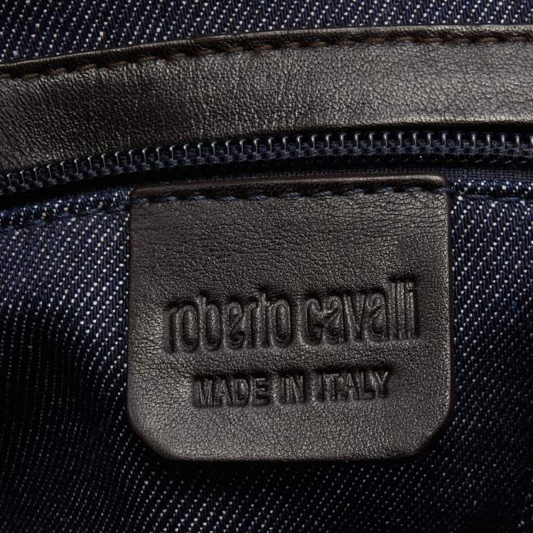 Pre Owned Roberto Cavalli Navy Blue Denim and Leather Studded Logo Shopper Tote