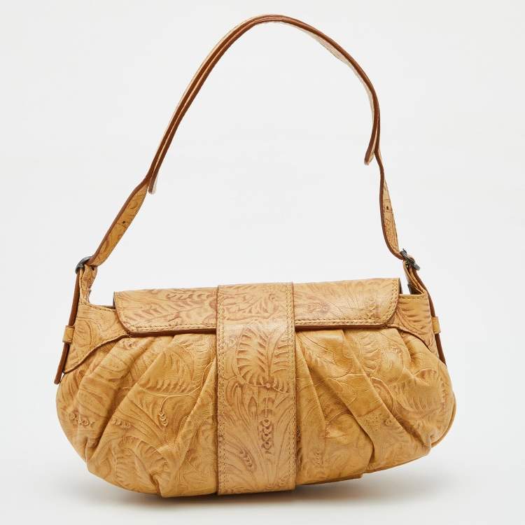 Pre Owned Roberto Cavalli Beige/Brown Floral Embossed Leather Baguette