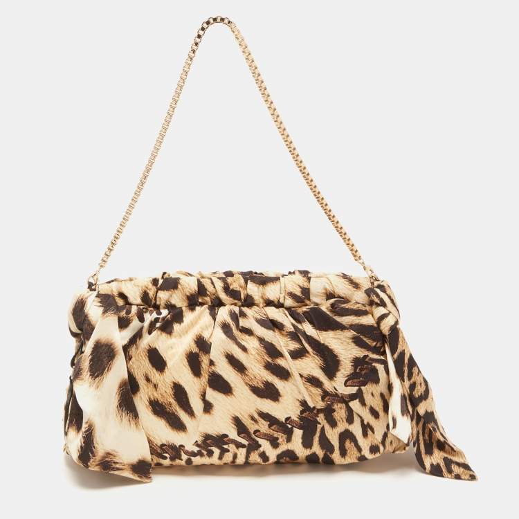 Pre Owned Roberto Cavalli Beige/Black Leopard Print Satin Clutch 