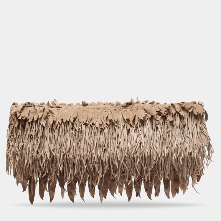 Pre Owned Roberto Cavalli Beige/Pink Suede Fringe Flap Clutch