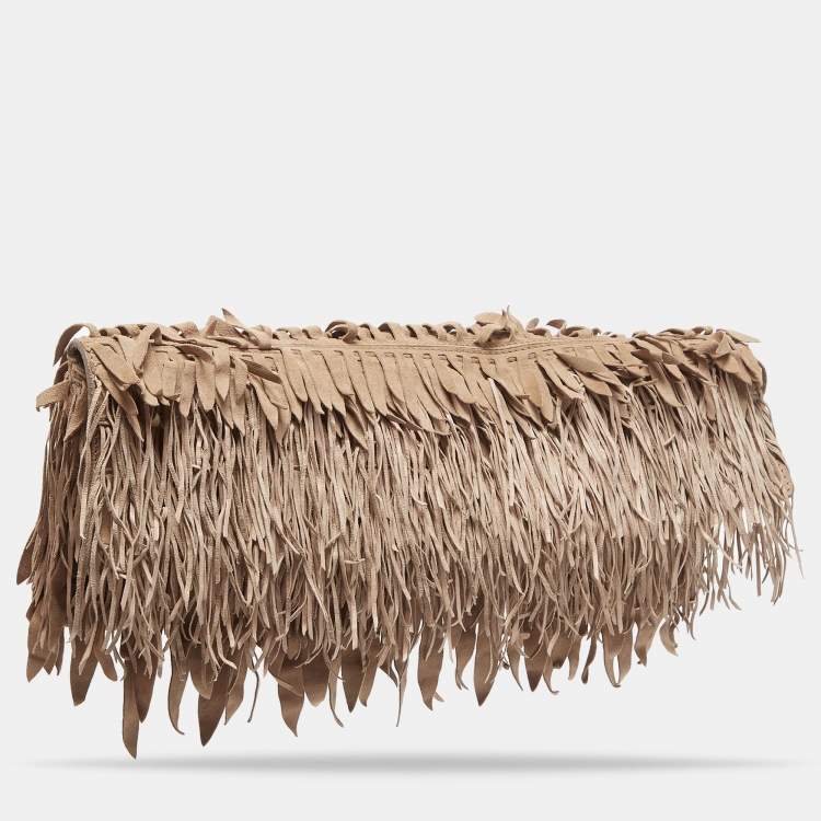 Pre Owned Roberto Cavalli Beige/Pink Suede Fringe Flap Clutch
