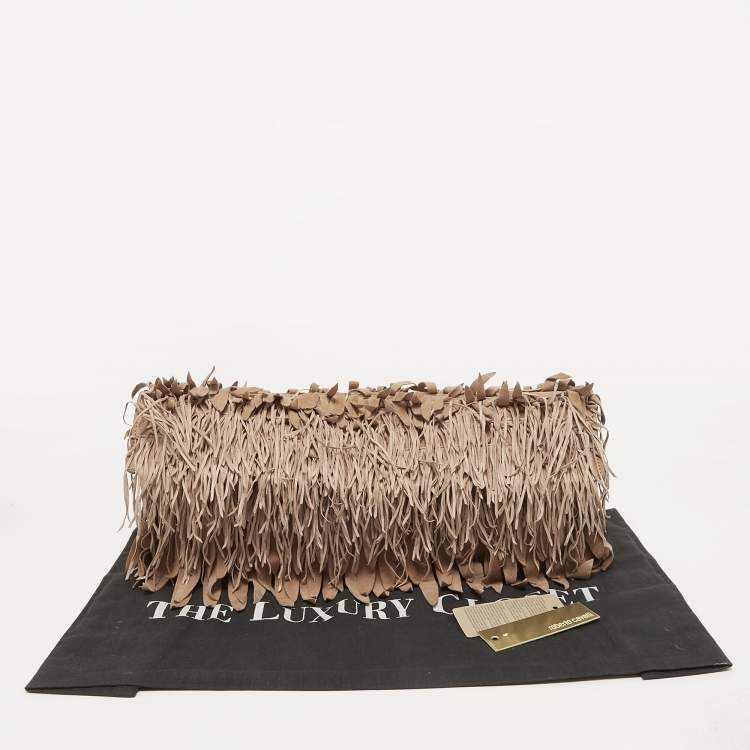 Pre Owned Roberto Cavalli Beige/Pink Suede Fringe Flap Clutch