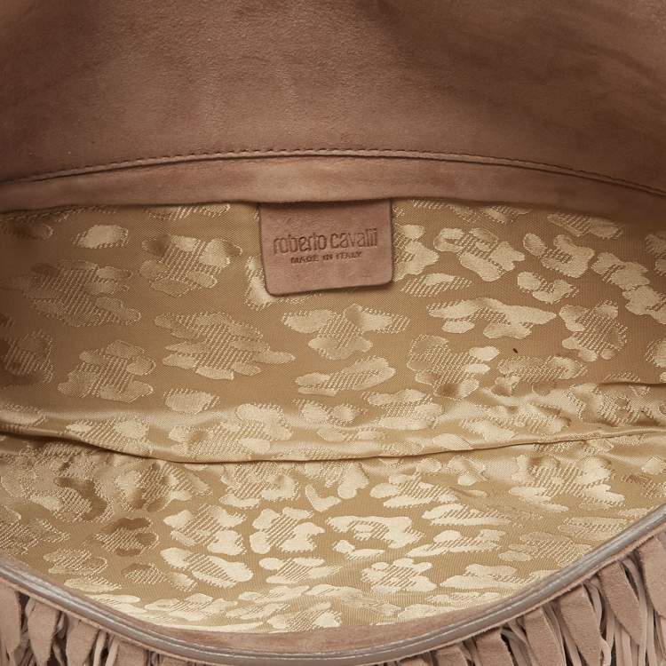 Pre Owned Roberto Cavalli Beige/Pink Suede Fringe Flap Clutch