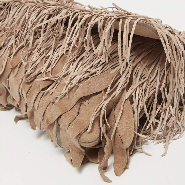 Pre Owned Roberto Cavalli Beige/Pink Suede Fringe Flap Clutch