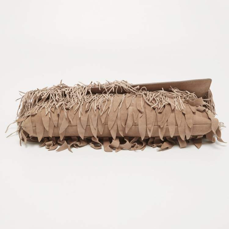 Pre Owned Roberto Cavalli Beige/Pink Suede Fringe Flap Clutch