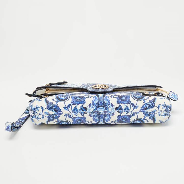 Pre Owned Roberto Cavalli Blue/White Majolica Print Leather Foldover Clutch