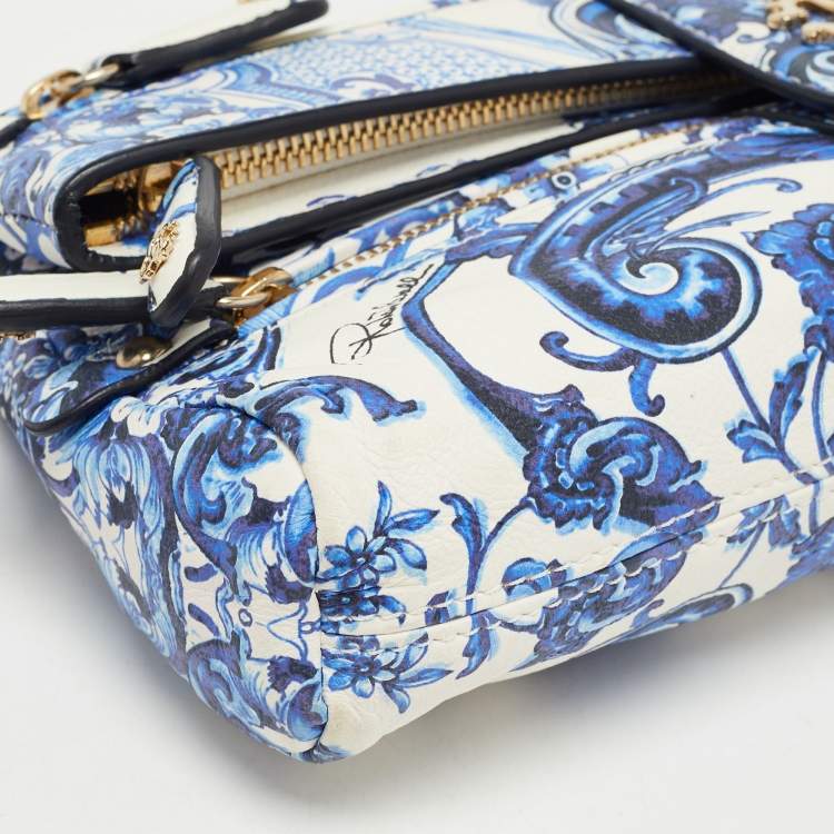 Pre Owned Roberto Cavalli Blue/White Majolica Print Leather Foldover Clutch
