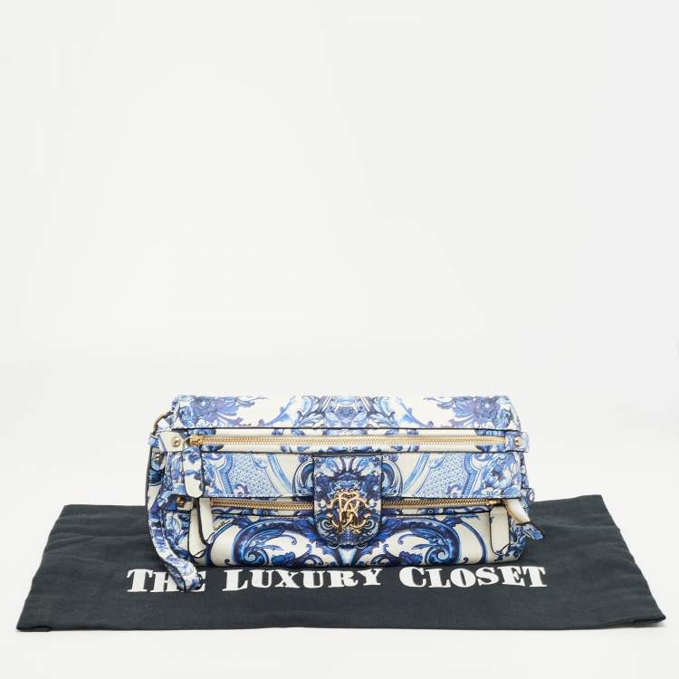 Pre Owned Roberto Cavalli Blue/White Majolica Print Leather Foldover Clutch
