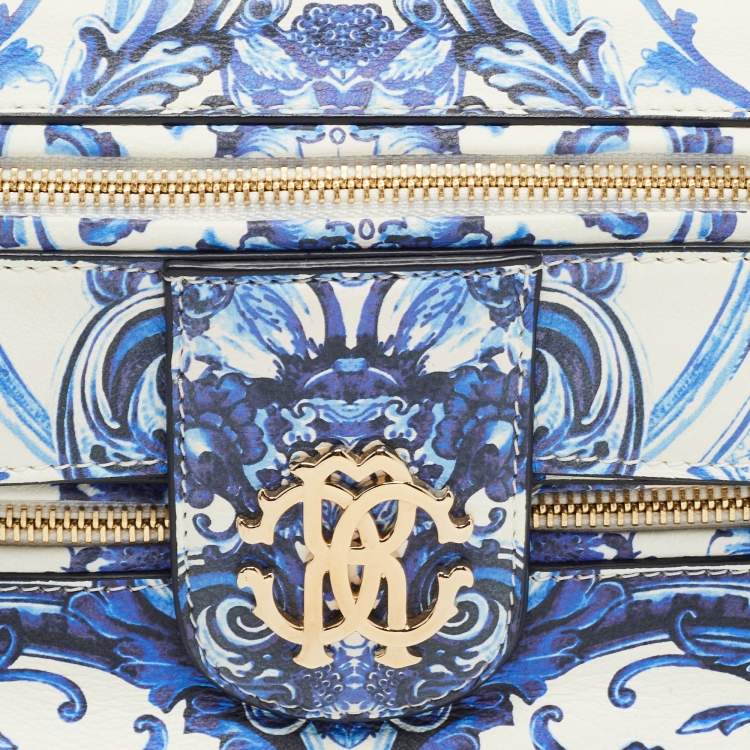 Pre Owned Roberto Cavalli Blue/White Majolica Print Leather Foldover Clutch