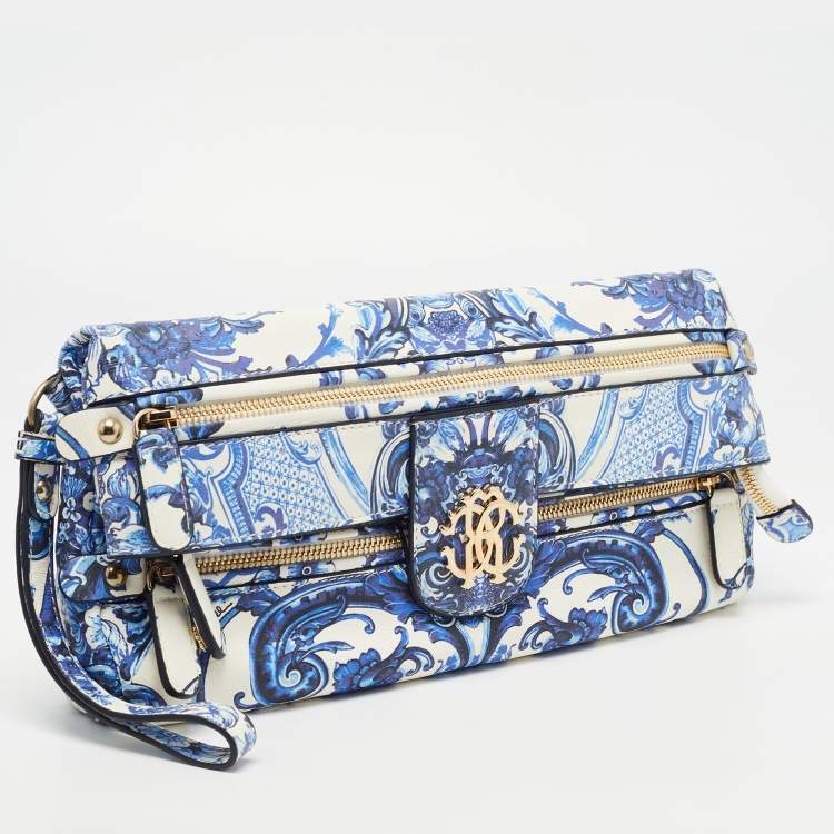 Pre Owned Roberto Cavalli Blue/White Majolica Print Leather Foldover Clutch