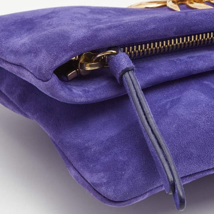 Pre Owned Roberto Cavalli Purple Suede  Crystal Metal Flower Embellished Foldover Clutch