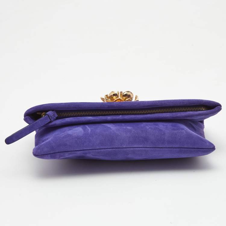 Pre Owned Roberto Cavalli Purple Suede  Crystal Metal Flower Embellished Foldover Clutch