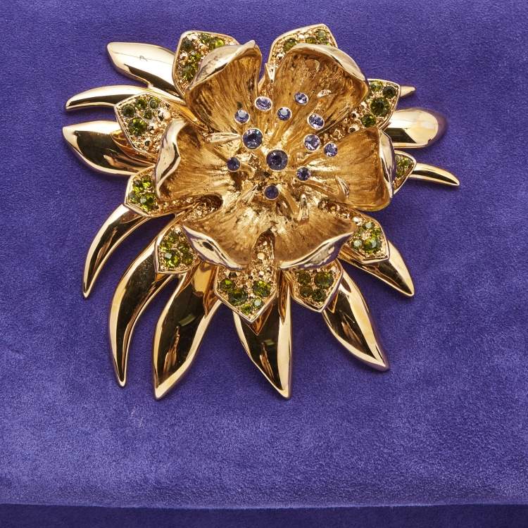 Pre Owned Roberto Cavalli Purple Suede  Crystal Metal Flower Embellished Foldover Clutch