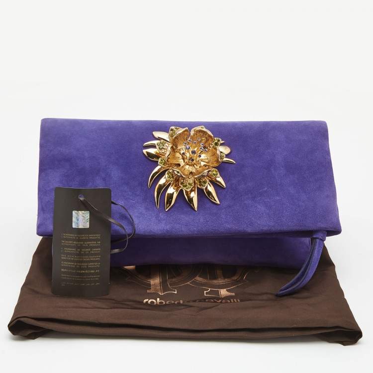 Pre Owned Roberto Cavalli Purple Suede  Crystal Metal Flower Embellished Foldover Clutch