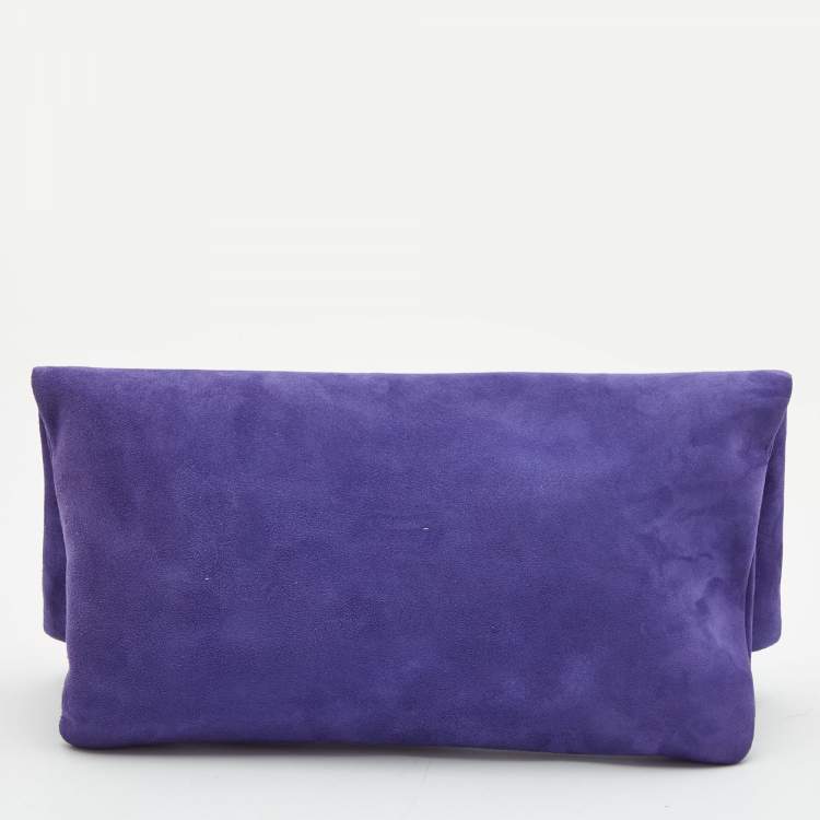 Pre Owned Roberto Cavalli Purple Suede  Crystal Metal Flower Embellished Foldover Clutch
