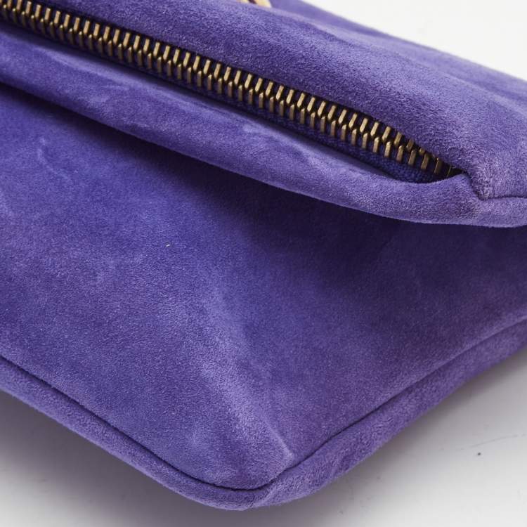 Pre Owned Roberto Cavalli Purple Suede  Crystal Metal Flower Embellished Foldover Clutch