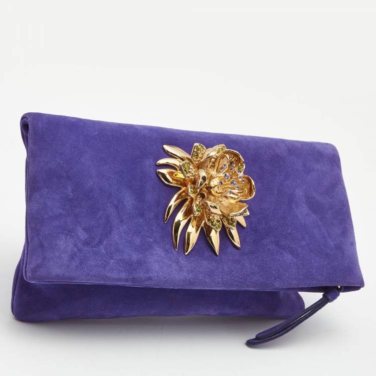 Pre Owned Roberto Cavalli Purple Suede  Crystal Metal Flower Embellished Foldover Clutch