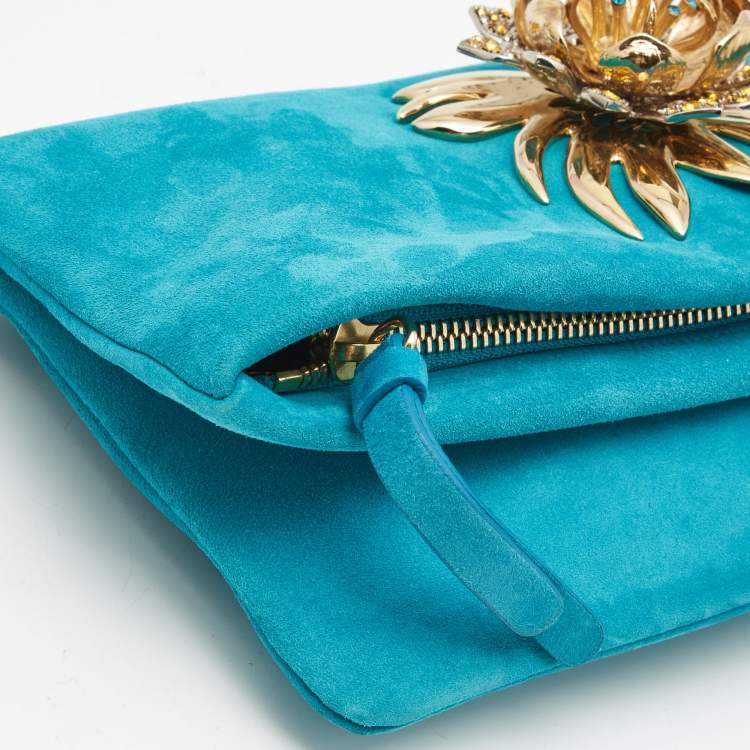 Pre Owned Roberto Cavalli Turquoise Suede Crystal Metal Flower Embellished Foldover Clutch