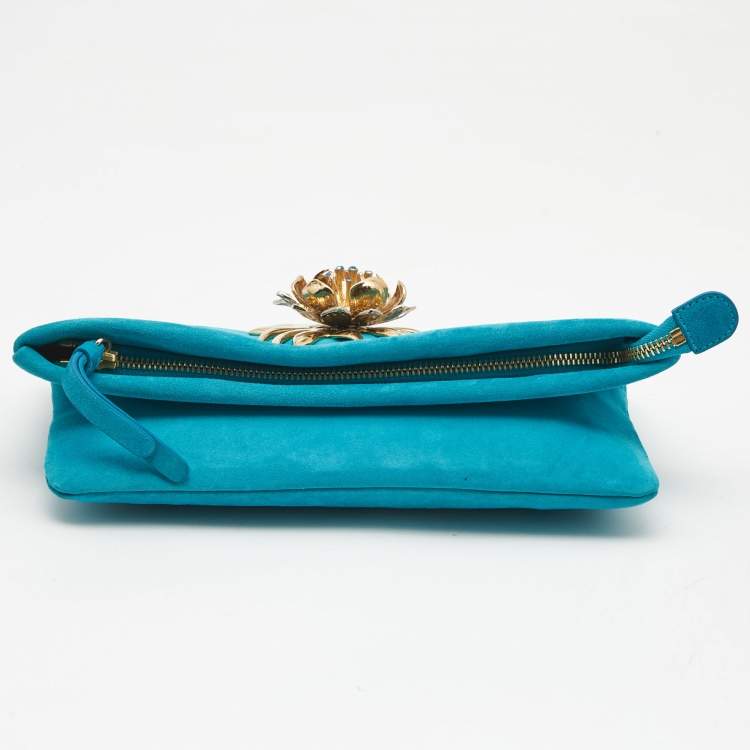 Pre Owned Roberto Cavalli Turquoise Suede Crystal Metal Flower Embellished Foldover Clutch