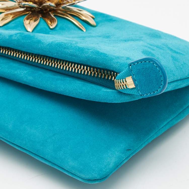 Pre Owned Roberto Cavalli Turquoise Suede Crystal Metal Flower Embellished Foldover Clutch