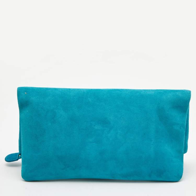 Pre Owned Roberto Cavalli Turquoise Suede Crystal Metal Flower Embellished Foldover Clutch