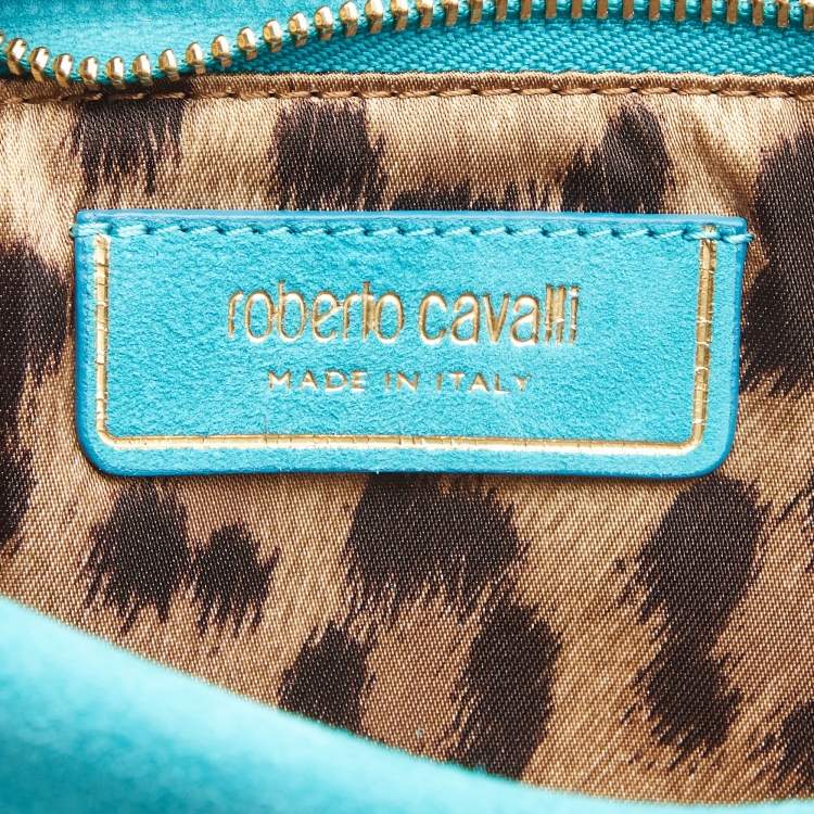 Pre Owned Roberto Cavalli Turquoise Suede Crystal Metal Flower Embellished Foldover Clutch