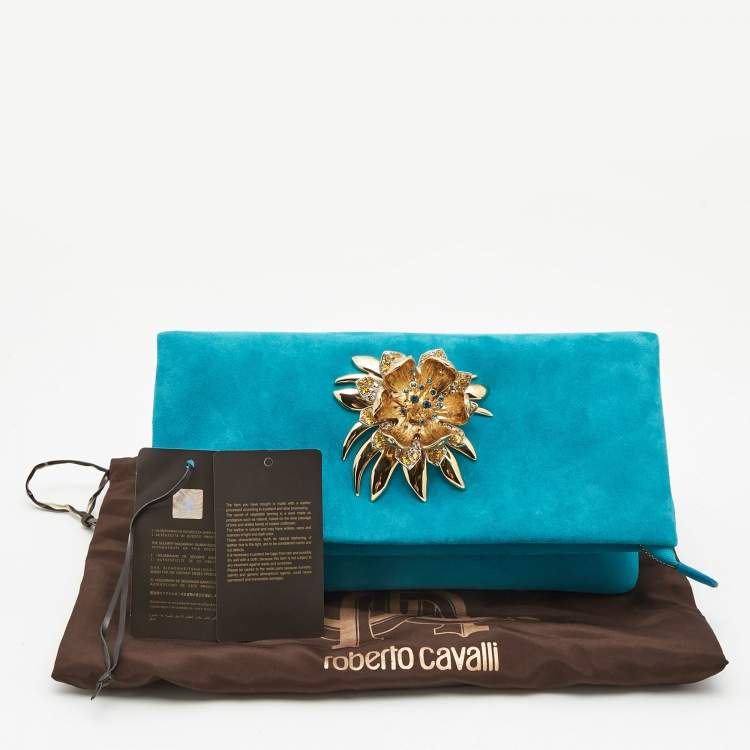 Pre Owned Roberto Cavalli Turquoise Suede Crystal Metal Flower Embellished Foldover Clutch