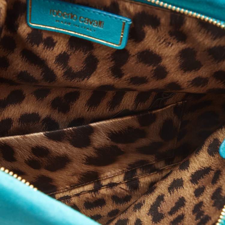 Pre Owned Roberto Cavalli Turquoise Suede Crystal Metal Flower Embellished Foldover Clutch
