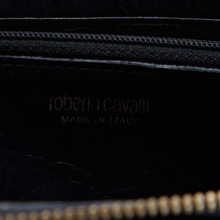 Pre Owned Roberto Cavalli Black Leather Snake Logo Zip Around Wallet