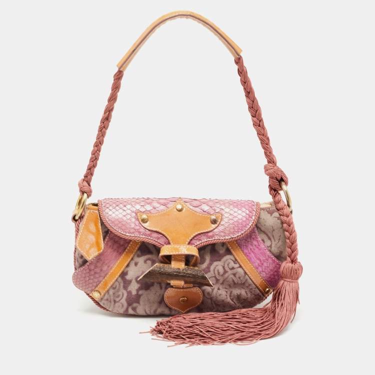 Pre Owned Roberto Cavalli Multicolor Python and Canvas Tassel Shoulder Bag