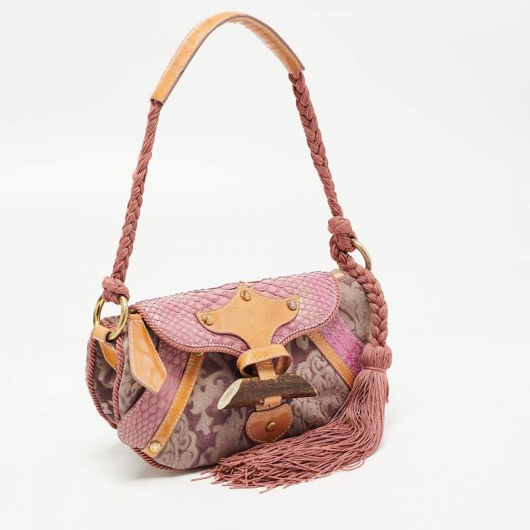 Pre Owned Roberto Cavalli Multicolor Python and Canvas Tassel Shoulder Bag