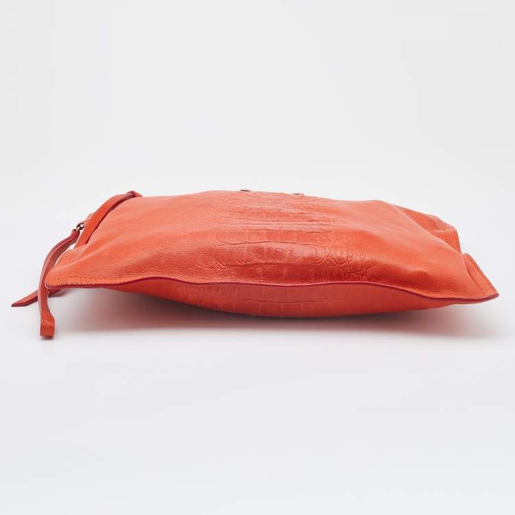 Pre Owned Roberto Cavalli Orange Leather Zip Wristlet Pouch