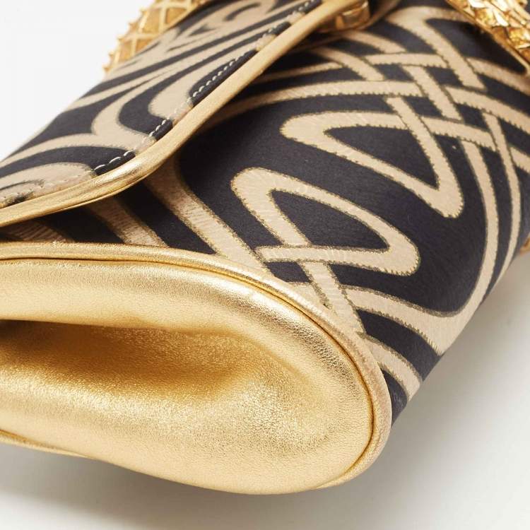 Pre Owned Roberto Cavalli Gold/Black Printed Satin and Leather Clutch