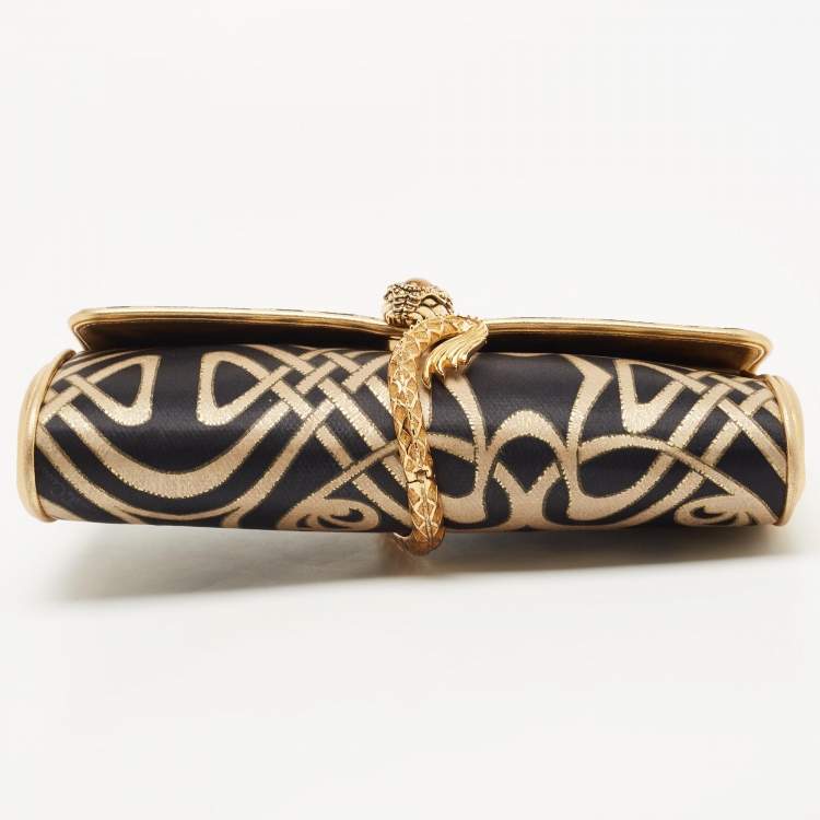 Pre Owned Roberto Cavalli Gold/Black Printed Satin and Leather Clutch