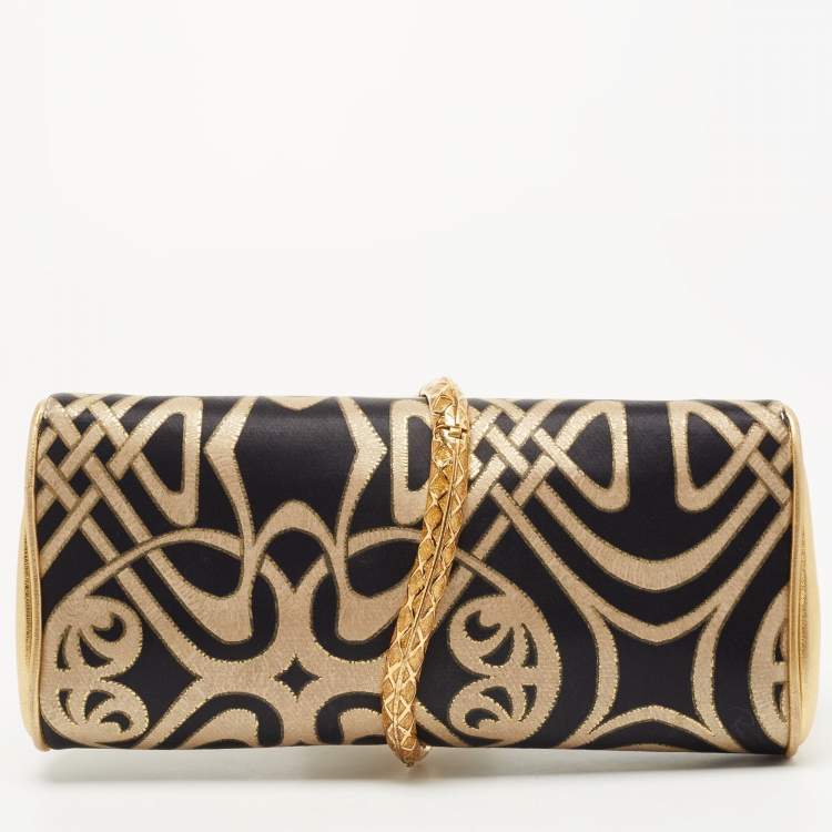 Pre Owned Roberto Cavalli Gold/Black Printed Satin and Leather Clutch