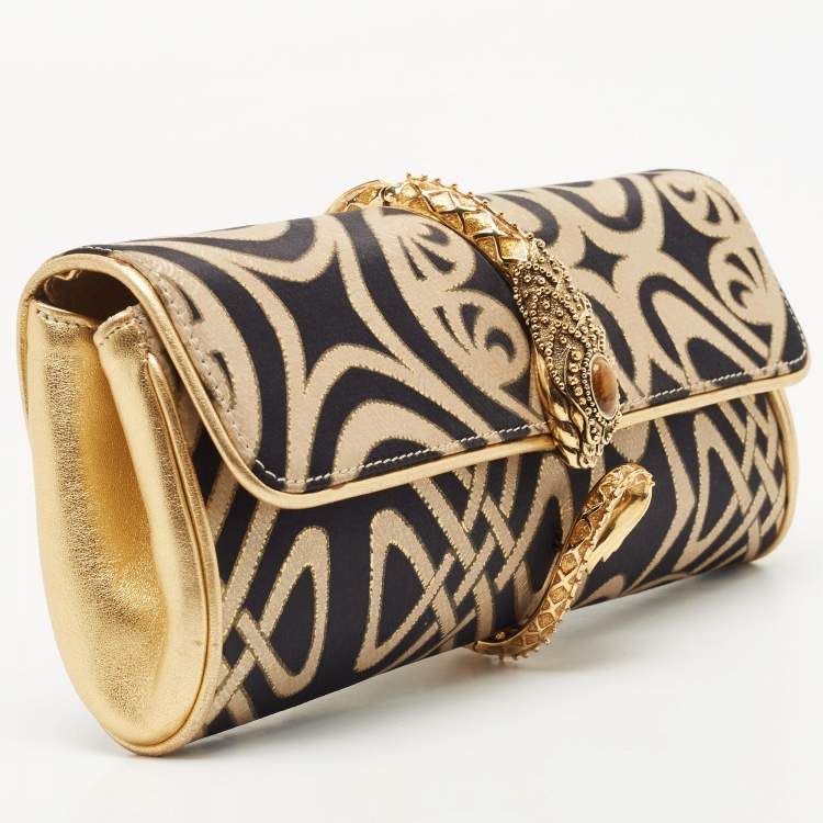Pre Owned Roberto Cavalli Gold/Black Printed Satin and Leather Clutch