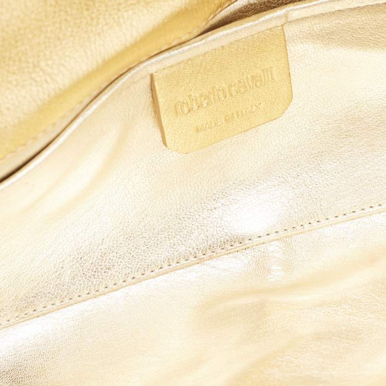 Pre Owned Roberto Cavalli Gold/Black Printed Satin and Leather Clutch