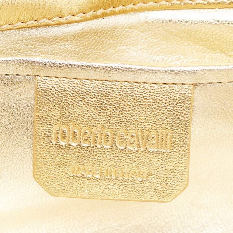 Pre Owned Roberto Cavalli Gold/Black Printed Satin and Leather Clutch