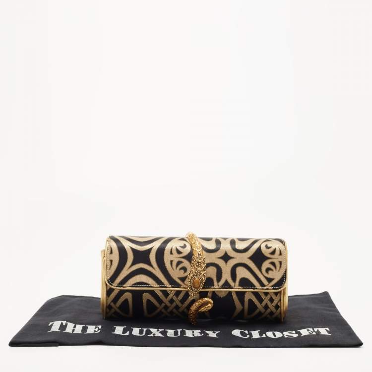 Pre Owned Roberto Cavalli Gold/Black Printed Satin and Leather Clutch