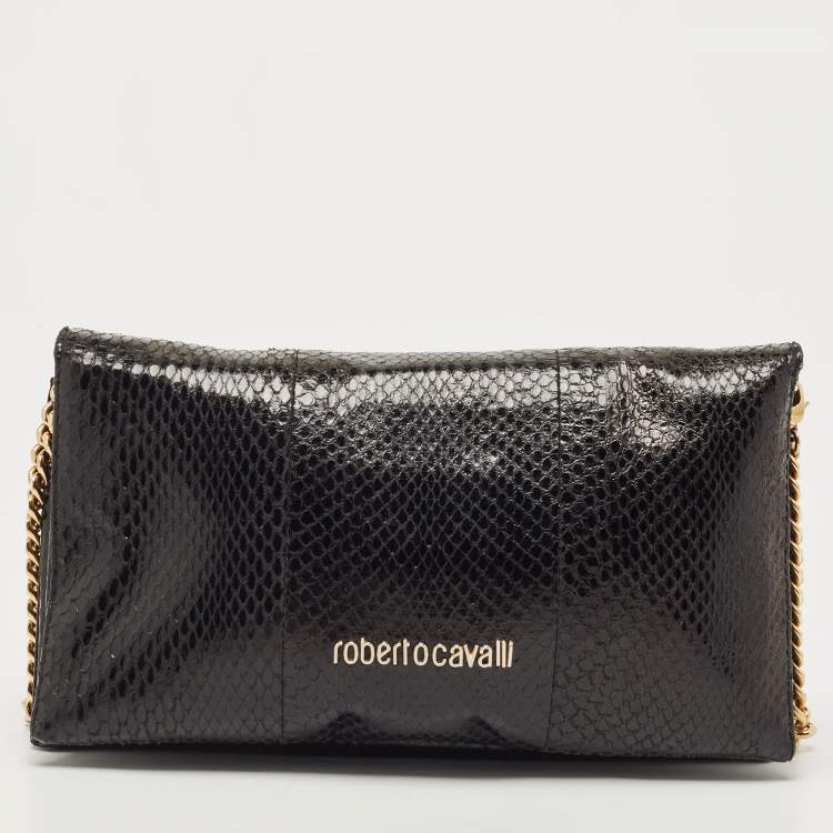 Pre Owned Roberto Cavalli Black Karung Leather Crystal Chain Clutch