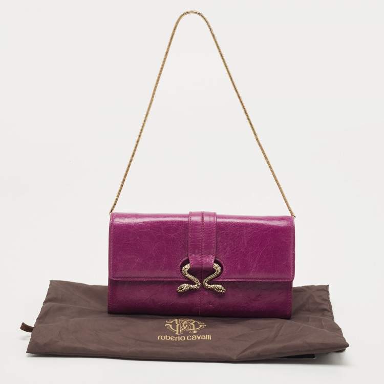 Pre Owned Roberto Cavalli Purple Leather Double Snake Flap Continental Wallet